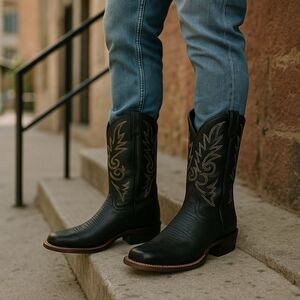 Honcho Men's Black Western Square Toe Cowboy Boots Embroidered Leather